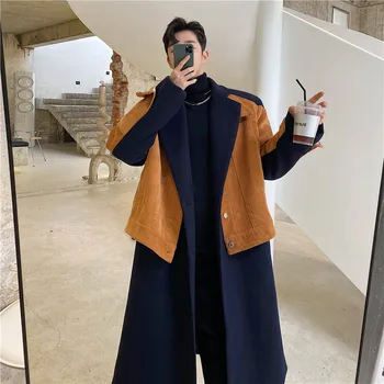 2021 Есен-зима, корейски стил, уникални фалшиви два цвята вълнени якета, мъжки ежедневни свободни сака с дълги ръкави, M-XL