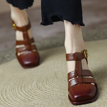 2023, дамски сандали в ретро стил от изкуствена кожа, луксозни римски сандали, ежедневни летни обувки с каишка и катарама, дамски обувки на дебелите ток-гладиаторе