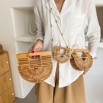 2023 Нови дървени чанта през рамо с форма на полумесец за жени, ракита, от бамбук лятна плажна сламена чанта от ратан, малка чанта за телефон