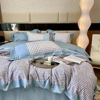 2023 Нови обикновена спално бельо от дългия щапелни памук с бродерия, състоящ се от четири обекта, задължителни за домашна употреба в продължение на четири сезона, универсални луксозно спално бельо в синьо