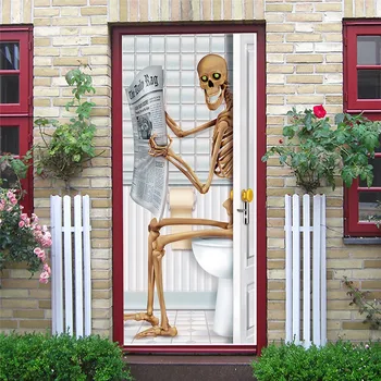 3D Скелет, който чете вестник, Хелоуин, ужас, Креативна стикер на вратата, Череп, Забавни картинки, декор за тоалетна, Стикери за Стена
