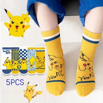 5 бр. памучни чорапи с шарени Pokemon, Пикачу, средната тръба, меки и удобни плюшени чорапи, бебешки чорапи с аниме за момчета, подарък за студенти