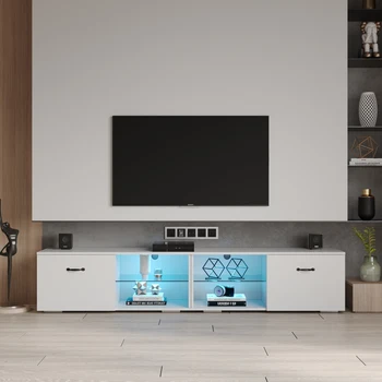 80-Инчов телевизионен шкаф с led подсветка, гланцирана поставка за телевизор с отворен рафт и шкаф, Универсална маса за развлекателен център, бял/черен