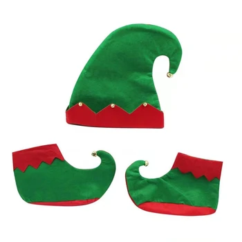 A9LB Обувки Санта Елф и Шапка със звънчета, Коледни Червено-зелен Костюм, Комплект Аксесоари, Обувки за Коледен фестивал, Шапки със звънци