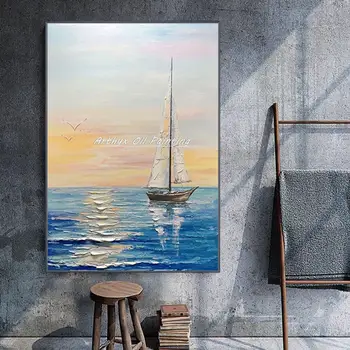 Arthyx, Голяма Абстрактна лодка, Живопис с маслени бои върху платно, Морски пейзаж, ръчно изработени, Модерна стенни художествена картина за декорация на дома в хола