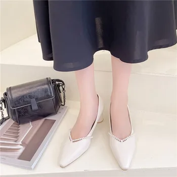BCEBYL/Летни модни сандали с остри пръсти и украса под формата на перли, в масивна ток, нови елегантни пикантен дамски обувки на висок ток за банкет