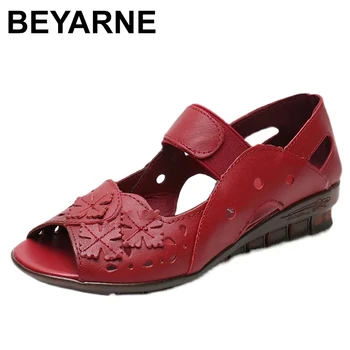 BEYARNE, летни сандали от естествена кожа без закопчалка, дамски обувки 2022, удобни дамски сандали на ниско ток с леко отворени пръсти върху плоска подметка