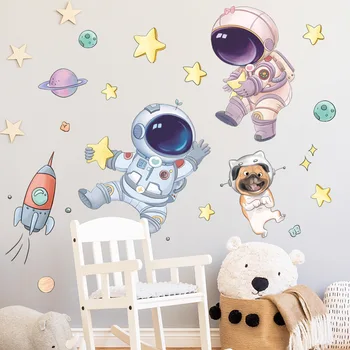 Cartoo Space Astronaut За Деца, интериор на детската стая, подвижни стикери за стена, PVC, ваденки, Украса спални, рисувани Стенни