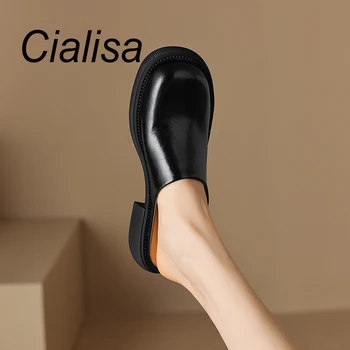 Cialisa 2023, летни джапанки-джапанки, дамски ежедневни обувки от естествена кожа, с кръгли пръсти, лаконичная дамски обувки ръчна изработка на всеки ден на среден ток