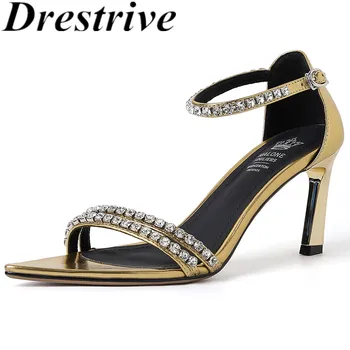 Drestrive/ 2023 Модни дамски сандали с остри пръсти на висок тънък ток и катарама с кристали от волска кожа Пикантна лятна обувки за партита на най-високо качество