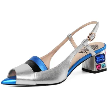 ENMAYER/ Разноцветни дамски сандали с отворени пръсти; обувки-лодка от естествена кожа на дебелите ток; Новост 2023 г.; Летни обувки за Сватба Wolking; Дамски обувки