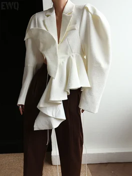 [EWQ] Нередовни отворени палта за жени с ревера и дълъг ръкав, блейзери в стил мозайка с колан, дамски дрехи, мода 2023, пролет
