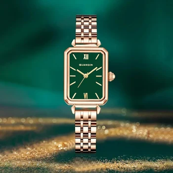 GUANQIN Маркови Кварцов Малки Зелени часовници, Луксозни часовници за жени, Стоманена обвивка, дамски часовници е от неръждаема стомана, Водоустойчив reloj mujer