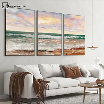 HD печат, море, плаж, вълни, плакат на залеза, Пейзаж, изгрев, художествена картина на стената, абстрактна живопис, декорация на хола, офис