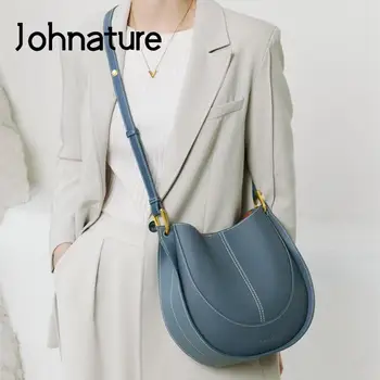 Johnature 2023, Новата Модерна Дамска Чанта От Естествена Кожа, Универсални Чанти През Рамо, Обикновена Ежедневни Чанти През Рамо От Телешка Кожа
