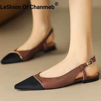 Leshion Of Chanmeb / дамски сандали от естествена кожа върху плоска подметка, с метална верига, обувки с остри пръсти, летни ежедневни дамски сандали с катарама