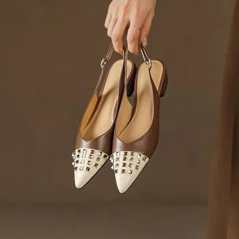 LeShion Of Chanmeb / дамски Сандали от волска кожа върху плоска подметка; Разноцветни обувки с Остър пръсти и Нитове в стил Пънк върху плоска подметка; Дамски Марка обувки с катарама