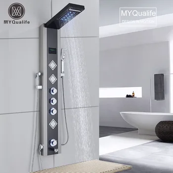 MYQualife Новата led душ-панел с горната дизайн, 5-функционален смесител за душ в банята, стенен монтаж, с черна колона за студена и топла душа