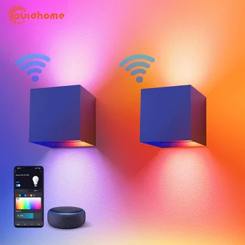 Suidhome WIFI Smart LED монтиран на стената лампа, IP65 Водоустойчив външен алуминиев кубичен лампа RGBCW, което променя цвета си, Работа с Алекса Google