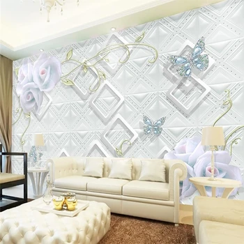 wellyu Прости красиви релефни бели триизмерни цветя, 3D TV фон, стена, голяма фреска, зелени тапети
