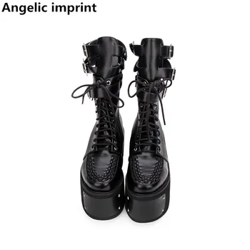 Ангелски отпечатък mori момиче/ жена мотоциклетни ботуши в стил пънк, дамски обувки в стил Лолита