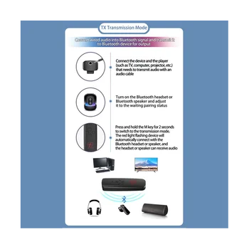 Безжичен предавател, Bluetooth 5.2 приемник 2-В-1 Автомобилен Bluetooth устройство за телевизора, компютър, аудиопередатчика, адаптер