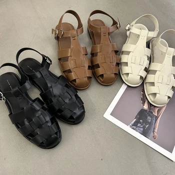 Дамски Сандали Модерни Ежедневни Обувки на плоска подметка с тока и каишка 2023, Летни черни гладиаторски обувки Mary Janes с остри пръсти, пързалки