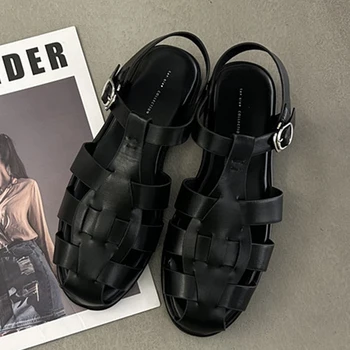 Дамски Сандали Модерни Ежедневни Обувки на плоска подметка с тока и каишка 2023, Летни черни гладиаторски обувки Mary Janes с остри пръсти, пързалки