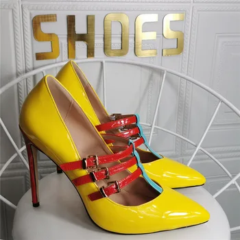 Дамски сандали с каишка и катарама, остър чорап, Лятна мода, мозайка шиене, обувки за момичета на висок ток, дамски обувки за партита Zapatos Mujer