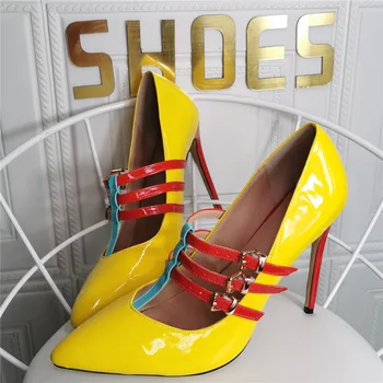 Дамски сандали с каишка и катарама, остър чорап, Лятна мода, мозайка шиене, обувки за момичета на висок ток, дамски обувки за партита Zapatos Mujer