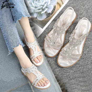дамски сандали с кристали 2021 цвят: златист, сребрист дамски сандали на равна подметка летни обувки дамски летни сандали голям размер 40 41 sandalia feminina