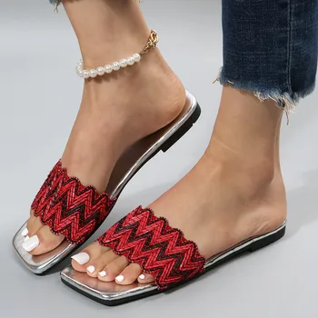 Дамски чехли на равна подметка, модерни и удобни чехли в ивица от слама тъкан, сладки сандали с квадратна отворени пръсти, лятна плажна обувки
