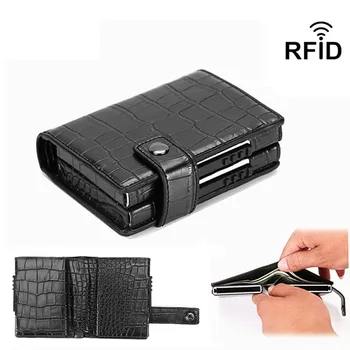 Двойна Метална ID-притежател на кредитна карта от изкуствена кожа с RFID карта, ретро калъф за карта, автоматично се стяга за пари, мини-портфейл за бизнес