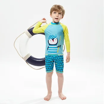 Детски бански с участието Пингвин от две части за момчета, среден и голям размер, слънцезащитен костюм с дълги ръкави, быстросохнущий бански костюм