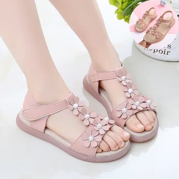 Детски сандали за момичета, лятото 2023, нова корейска дишаща детска плажна обувки принцеса подметка с отворени пръсти върху плоска подметка