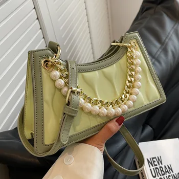 Дизайнерски дамски чанти през рамо, с дебелото веригата от изкуствена кожа, висококачествени дамски чанти през рамо с перли за жени, ежедневни дамски чанти