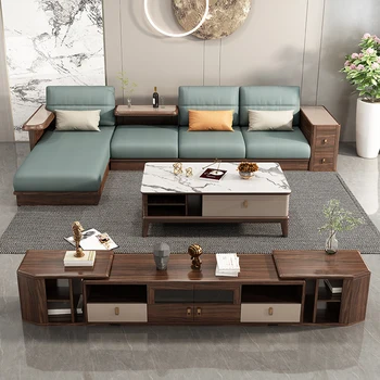 Дневна от орехово дърво, модерен проста кожена мебел от масивно дърво, комбинация от нова китайски мебели