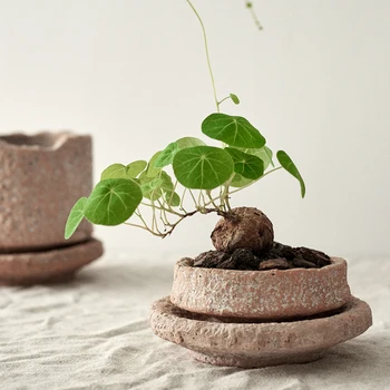 Домашен crock ръчно изработени с ретро-модел чук, тенис на зелено растение, малка саксия с тавата, керамичен съд от червена керамика