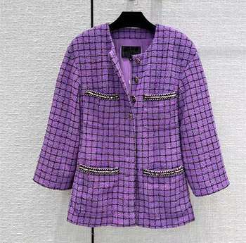 Европейската и американската дамски дрехи пролет 2022, ново однобортное палто от твида в лилав клетка с дълъг ръкав и копчета