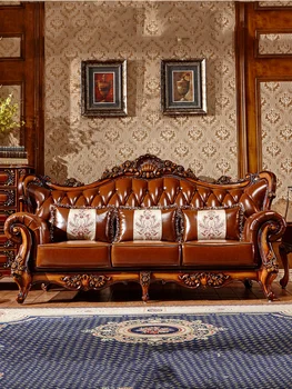 Европейският кожен диван 123 комбинация от американската дневна от масивно дърво ретро луксозна вила луксозен кожен диван в пълен комплект