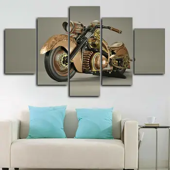 Един стар мотоциклет в стил steampunk, 5 панели, печат върху платно, монтиран на стената художествен плакат, декорация на дома, HD Печат, 5 бр., картини, Картини за дома