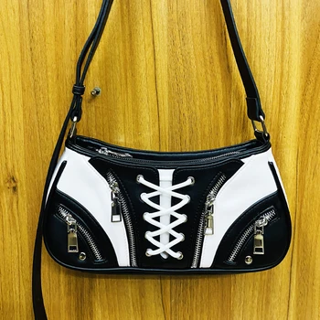 Елегантна дамска чанта, луксозна дизайнерска чанта и чанта 2023 година на издаване, новост, от изкуствена кожа, mesh, контрастен цвят, обувките с цип украсяване на рамото