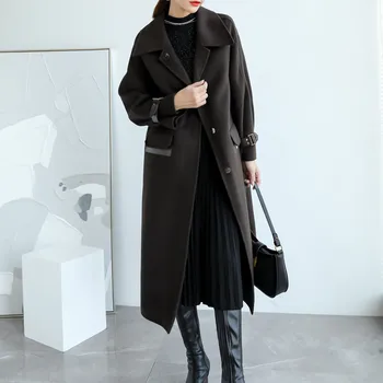 Жена вълна палто с дължина над коляното от 100% вълна Naizaiga X-long, однотонное, с широка талия, с цвят на черно кафе, X-long KSDR55