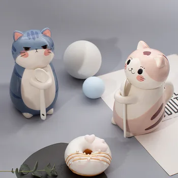 Керамична чаша със сладък котка на японски карикатура, кафеена чаша с мляко за закуска, Ins, чаша с капак и лъжица