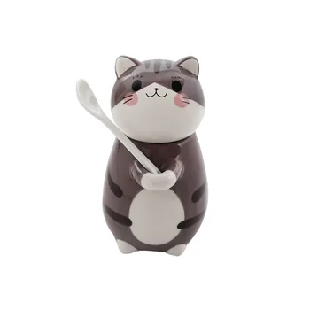 Керамична чаша със сладък котка на японски карикатура, кафеена чаша с мляко за закуска, Ins, чаша с капак и лъжица
