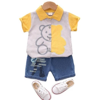 Комплекти дрехи за малки момчета, ежедневни риза с яка-ботуш и мечка, дънкови шорти, 2 броя, дрехи за малките момчета 1-4 години
