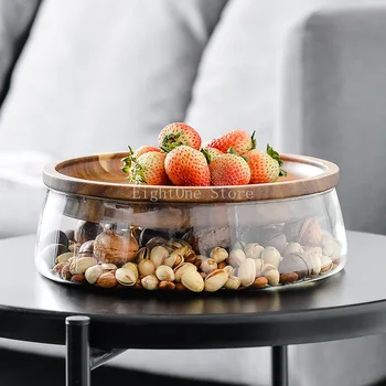 Креативен стъклен контейнер за съхранение на ядки и сушени плодове, двупластова кутия за съхранение на шоколадови бонбони с дървен капак за дома за готвене