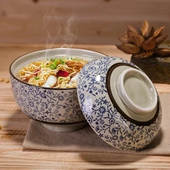 Кръгла супа от супник 6,5 инча, японската подглазурная ретро-керамична купа за супа, спагети, готвене на пара с капак, тиган за задушаване, домашен Ramen бързо готвене