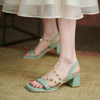 летни нови стилни модни дамски сандали sweet Mary Jane не сужающемся надолу масивна ток с отворени пръсти, дамски обувки за партита на височина от 5 см, големи размери 33-43
