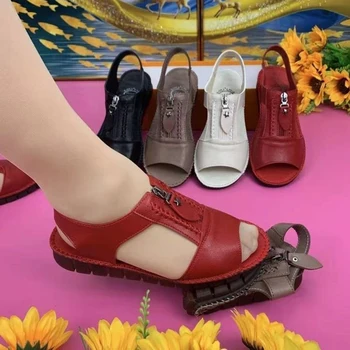Летни сандали дамски обувки от мека изкуствена кожа, удобни обувки за мама, однотонная обувки на плоска подметка с цип, по-големи размери 43, модни сандали за жени